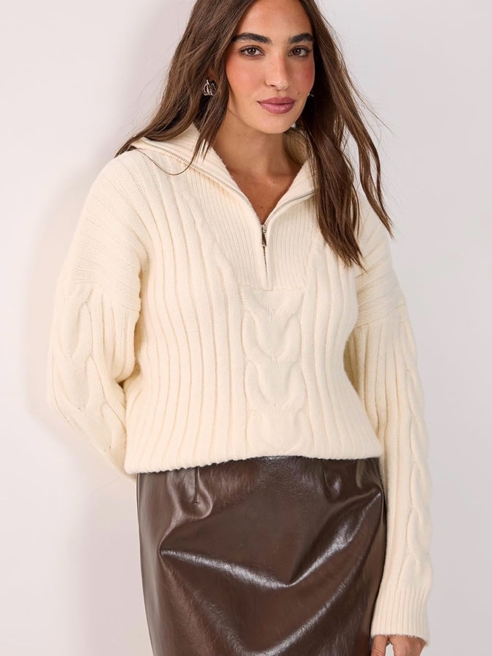 Nasty Gal Cream Cable Knit Half-Zip Turtleneck Sweater